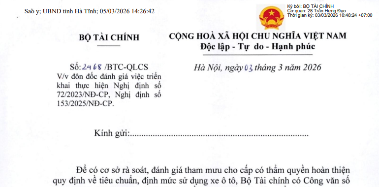 Công văn 2468/BTC-QLCS: Khẩn trương rà soát định mức sử dụng xe ô tô trong cơ quan nhà nước