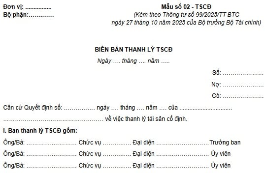 Mẫu biên bản thanh lý tài sản cố định (Mẫu số 02-TSCĐ) theo Thông tư 99