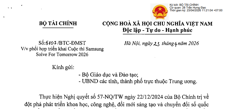 Công văn 5107/BTC-ĐMST: Hướng dẫn phối hợp triển khai Cuộc thi Samsung Solve For Tomorrow 2026