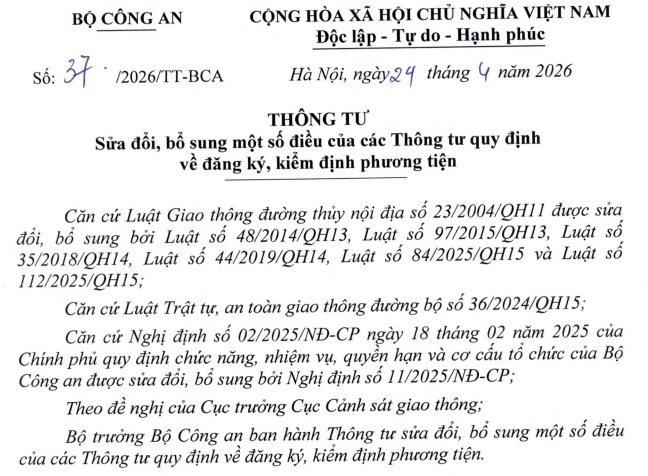 Đã có Thông tư 37/2026/TT-BCA sửa quy định về đăng ký xe và đăng ký sang tên xe