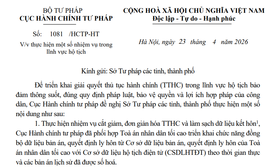 Công văn 1081/HCTP-HT thực hiện một số nhiệm vụ trong lĩnh vực hộ tịch
