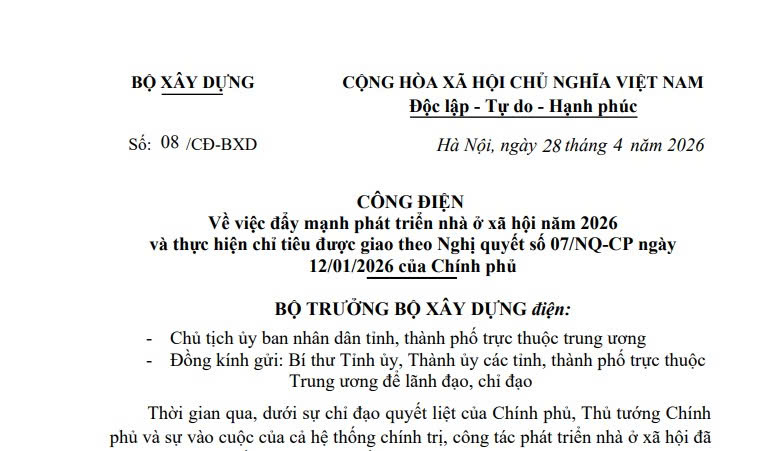 Công điện 08/CĐ-BXD: Chỉ đạo về chỉ tiêu nhà ở xã hội năm 2026