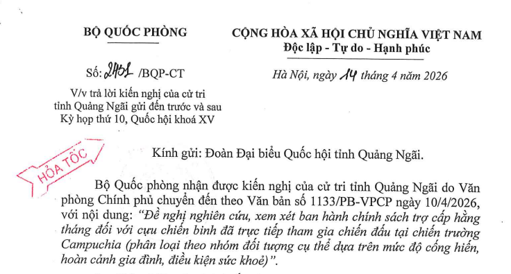 Công văn 2431/BQP-CT: (Hỏa tốc) Trợ cấp hằng tháng đối với cựu chiến binh tham gia chiến trường Campuchia