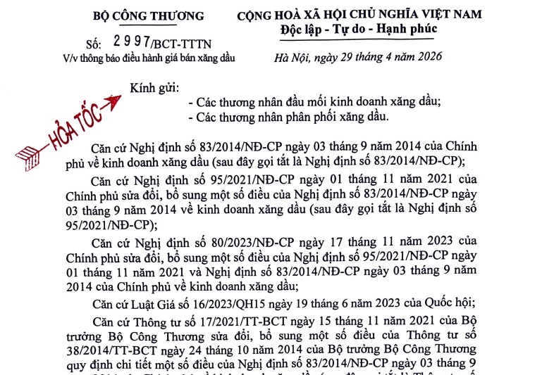 Công văn 2997 thông báo giá xăng dầu từ ngày 15h ngày 29/4/2026
