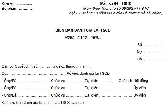 Mẫu biên bản đánh giá lại tài sản cố định (Mẫu số 04-TSCĐ) theo Thông tư 99