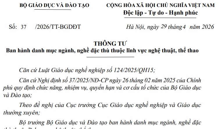 Đã có Thông tư 37/2026/TT-BGDĐT danh mục ngành nghề đặc thù thuộc lĩnh vực nghệ thuật, thể thao