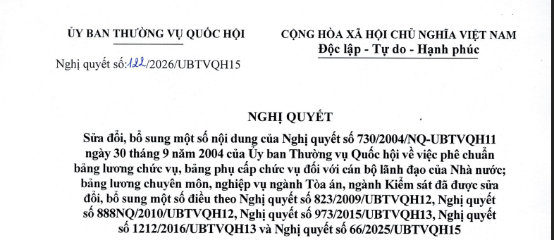 Đã có Nghị quyết 122/2026/UBTVQH15 sửa đổi bảng phụ cấp chức vụ đối với cán bộ