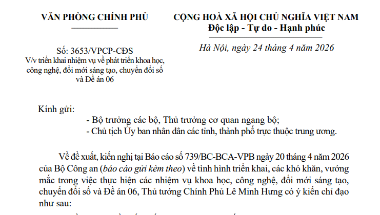 Công văn 3653/VPCP-CĐS: Đẩy mạnh phát triển khoa học công nghệ, chuyển đổi số và triển khai Đề án 06