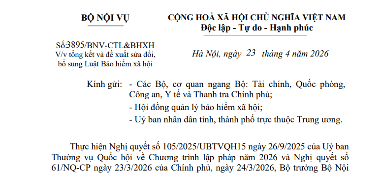 Toàn văn Công văn 3895/BNV-CTL về sửa đổi bổ sung Luật Bảo hiểm xã hội