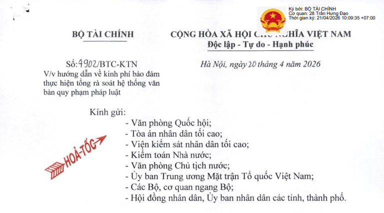 Công văn 4902/BTC-KTN: Hướng dẫn kinh phí thực hiện tổng rà soát hệ thống văn bản quy phạm pháp luật