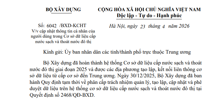 Công văn 6042/BXD-KCHT: Hướng dẫn cập nhật dữ liệu cá nhân trong CSDL cấp thoát nước đô thị