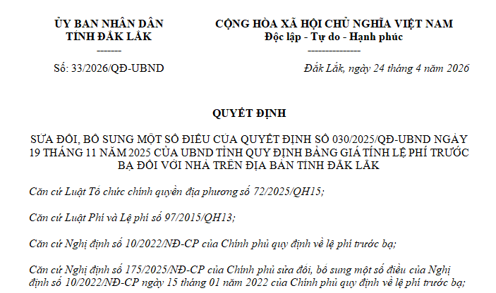 Đã có Quyết định 33/2026/QĐ-UBND sửa đổi quy định bảng giá tính lệ phí trước bạ đối với nhà Đắk Lắk