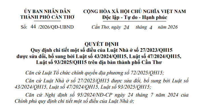 Đã có Quyết định 44/2026/QĐ-UBND hướng dẫn Luật Nhà ở 2023 tại Cần Thơ