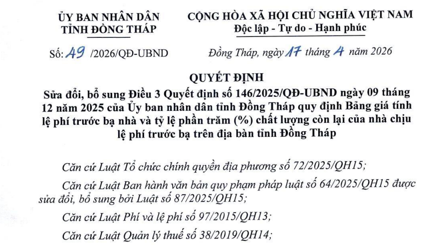 Đã có Quyết định 49/2026/QĐ-UBND sửa đổi Bảng giá tính lệ phí trước bạ đối với nhà tại Đồng Tháp