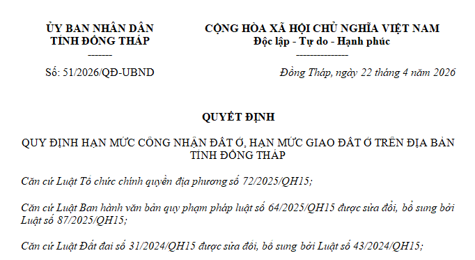 Đã có Quyết định 51/2026/QĐ-UBND hạn mức công nhận đất ở và hạn mức giao đất ở tại Đồng Tháp