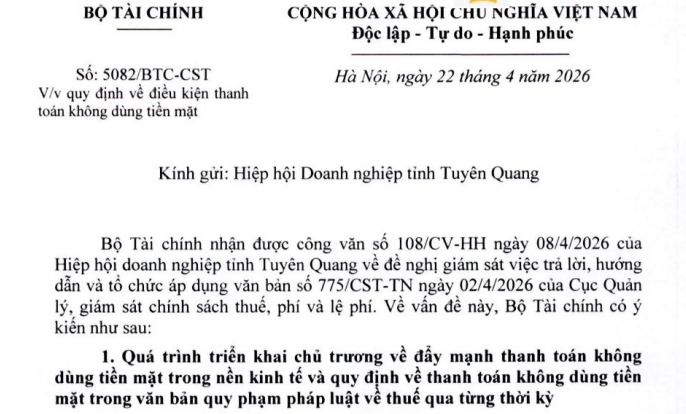 Công văn 5082/BTC-CST về điều kiện thanh toán không dùng tiền mặt