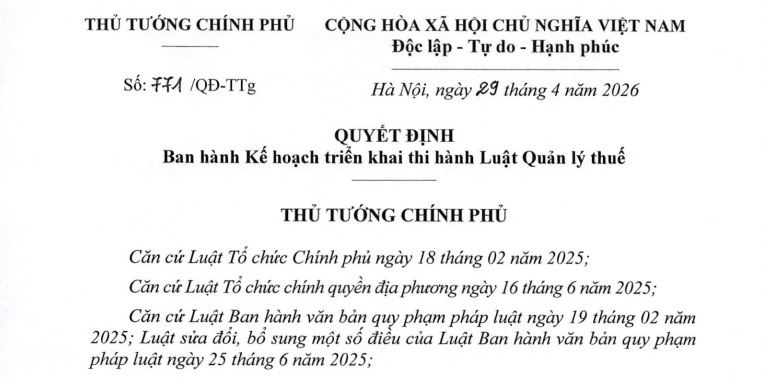 Quyết định 771/QĐ-TTg: Kế hoạch triển khai thi hành Luật Quản lý thuế 2025 mới nhất