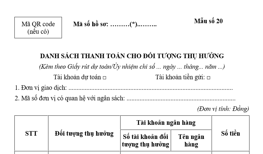 Mẫu số 20 Nghị định 347 file excel, file word (Mẫu danh sách thanh toán cho đối tượng thụ hưởng)