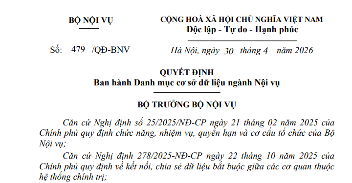 Quyết định 479/QĐ-BNV: Tổng hợp danh mục cơ sở dữ liệu ngành Nội vụ mới nhất 2026