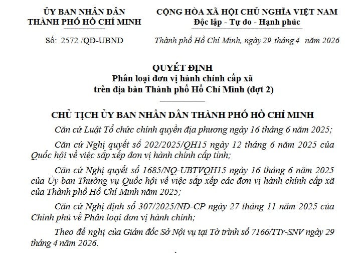 Đã có Quyết định 2572/QĐ-UBND phân loại đơn vị hành chính cấp xã tại TPHCM (đợt 2)