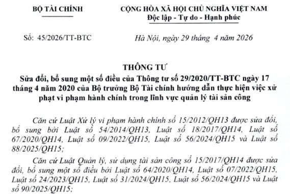 Thông tư 45/2026 sửa đổi Thông tư 29/2020 xử phạt vi phạm quản lý tài sản công