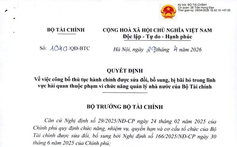Quyết định 1040/QĐ-BTC: Sửa đổi 03 thủ tục về hải quan từ ngày 29/4/2026