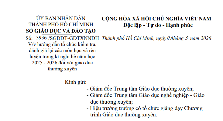 Công văn 3936: Hướng dẫn kiểm tra đánh giá lại môn học hè tại TP.HCM
