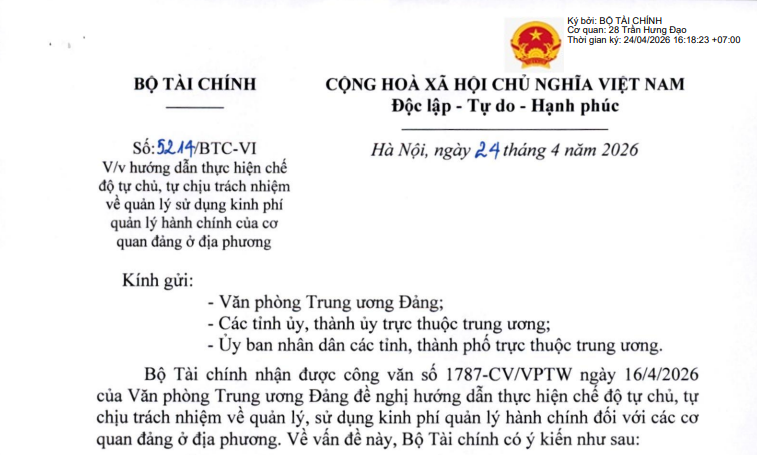 Toàn văn Công văn 5214/BTC-VI về chế độ tự chủ kinh phí cơ quan Đảng ở địa phương