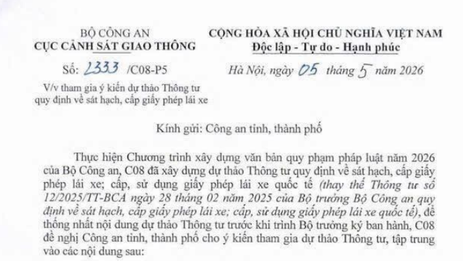Công văn 2333/C08-P5 tham gia ý kiến dự thảo Thông tư về sát hạch cấp GPLX