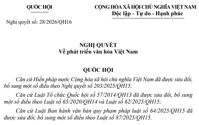 Đã có Nghị quyết 28/2026/QH16 về phát triển văn hóa Việt Nam
