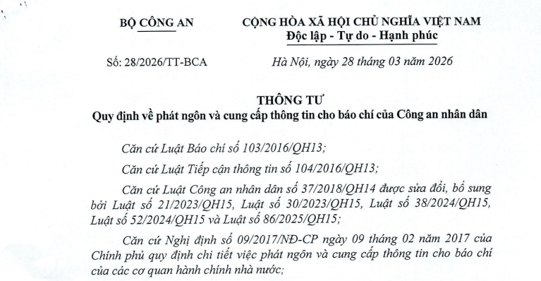 Đã có Thông tư 28/2026/TT-BCA về phát ngôn và cung cấp thông tin cho báo chí của Công an nhân dân