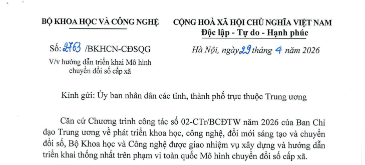 Hướng dẫn triển khai Mô hình chuyển đổi số cấp xã mới nhất 2026 (Công văn 2763/BKHCN-CĐSQG)