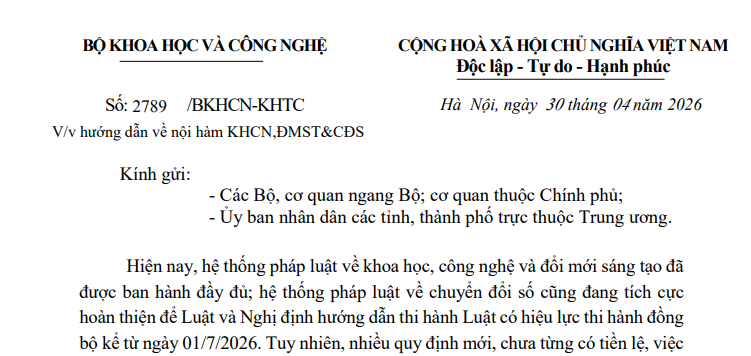 Công văn 2789: Hướng dẫn nội hàm khoa học công nghệ, đổi mới sáng tạo, chuyển đổi số 