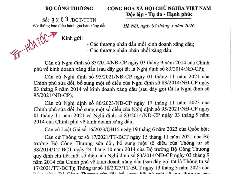 Công văn 3203 thông báo giá xăng dầu từ ngày 15h ngày 07/5/2026