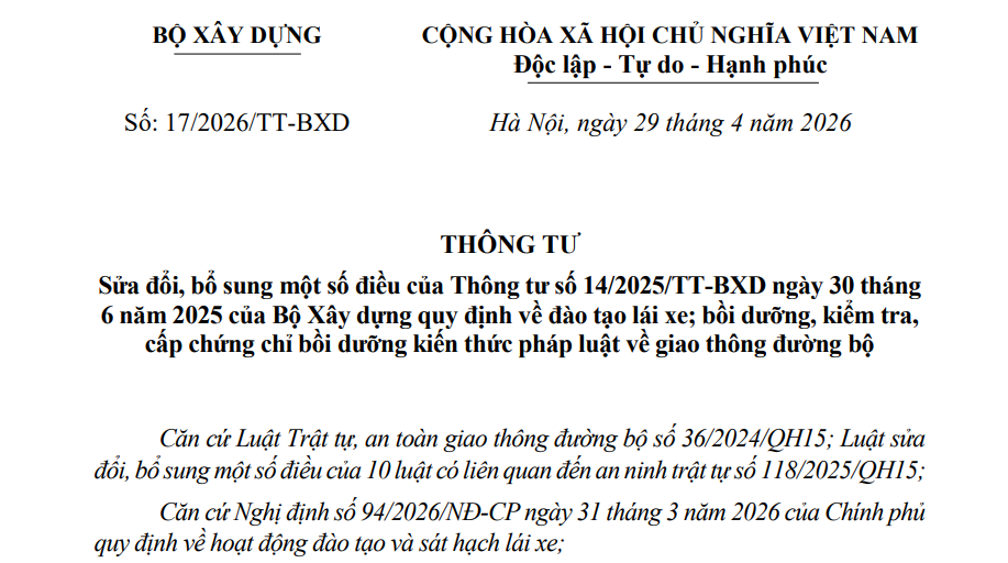 Đã có Thông tư 17/2026/TT-BXD sửa Thông tư 14/2025/TT-BXD về đào tạo lái xe
