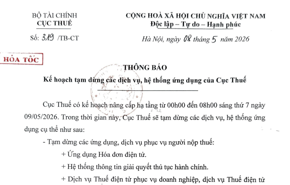 Thông báo 319/TB-CT: Tạm dừng hệ thống ứng dụng của Cục Thuế từ 09/5/2026