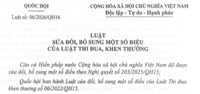 Toàn văn Luật Thi đua khen thưởng sửa đổi 2026 (Luật số 06/2026/QH16)