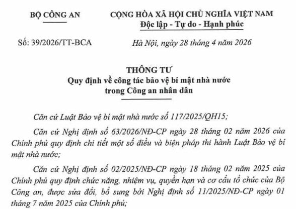 Thông tư 39/2026 bảo vệ bí mật Nhà nước trong Công an nhân dân