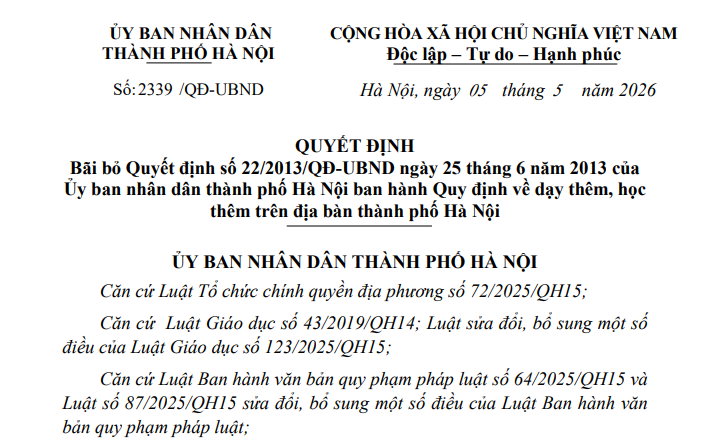 Bãi bỏ Quyết định 22/2013 về dạy thêm học thêm tại Hà Nội