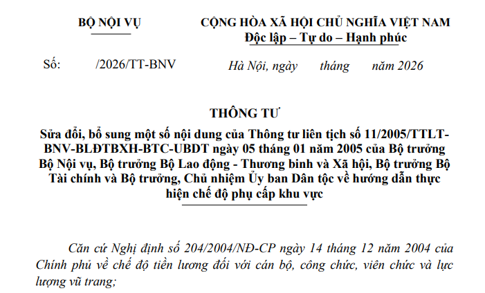 Dự thảo Thông tư sửa đổi hướng dẫn thực hiện chế độ phụ cấp khu vực