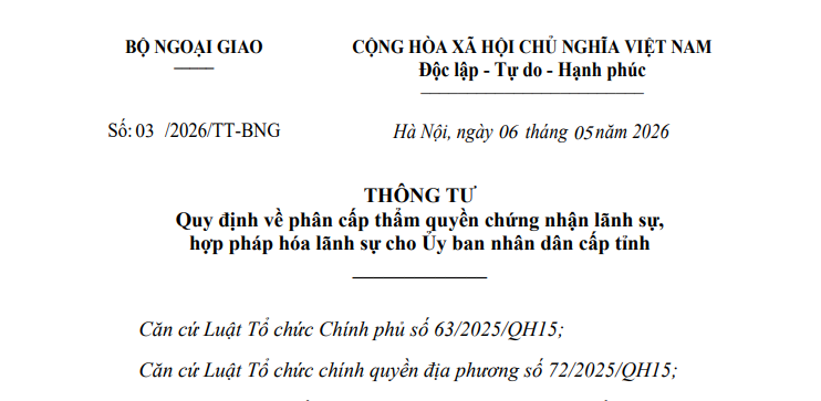 Đã có Thông tư 03/2026/TT-BNG phân cấp thẩm quyền chứng nhận và hợp pháp hóa lãnh sự
