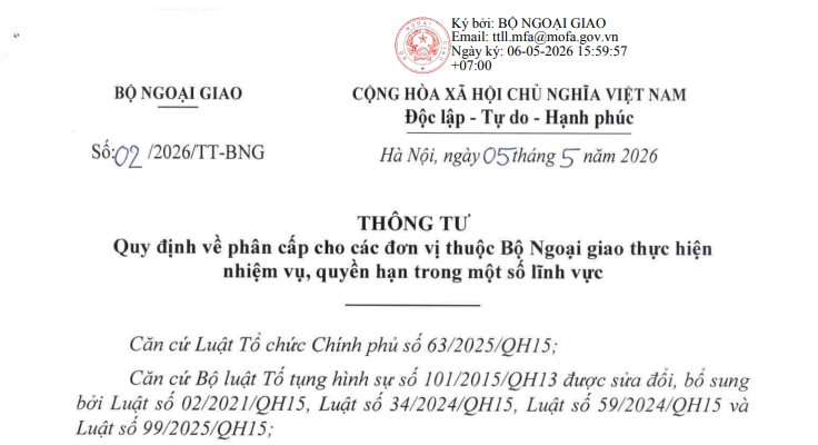 Đã có Thông tư 02/2026/TT-BNG phân cấp thẩm quyền cho các đơn vị thuộc Bộ Ngoại giao