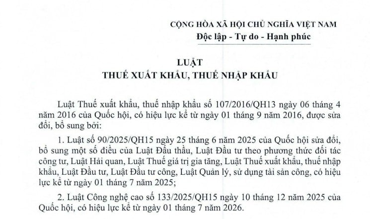 Văn bản hợp nhất Luật Thuế xuất khẩu thuế nhập khẩu mới nhất năm 2026