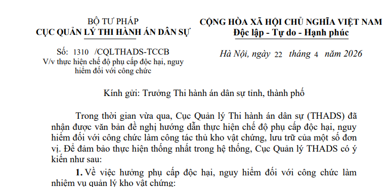 Công văn 131 hướng dẫn chế độ phụ cấp độc hại, nguy hiểm đối với công chức thi hành án dân sự (Hình từ văn bản)