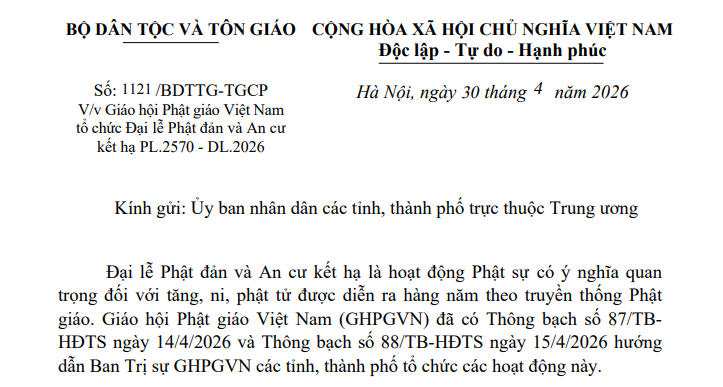 Công văn 1121 hướng dẫn tổ chức Đại lễ Phật đản và An cư kết hạ Phật lịch 2570 - Dương lịch 2026 