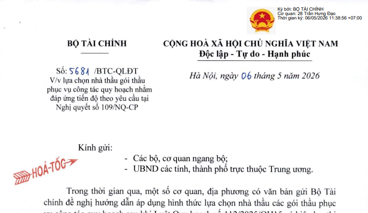 Toàn văn Công văn 5681/BTC-QLĐT về lựa chọn nhà thầu gói thầu phục vụ công tác quy hoạch