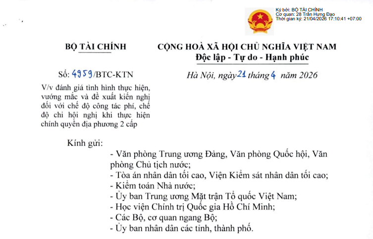 Công văn 4959/BTC-KTN: Chỉ đạo mới về chế độ công tác phí, chế độ chi hội nghị khi thực hiện CQĐP 2 cấp