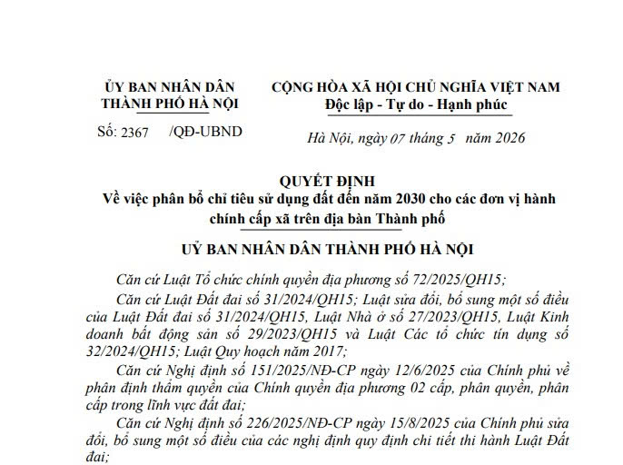 Chỉ tiêu sử dụng đất đến năm 2030 của Hà Nội (Quyết định 2367/QĐ-UBND)