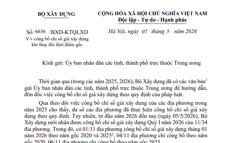 Công văn 6636/BXD-KTQLXD: Công bố chỉ số giá xây dựng khi thay đổi thời điểm gốc