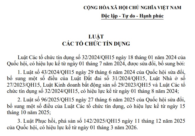 Văn bản hợp nhất Luật Các tổ chức tín dụng mới nhất (VBHN số 100/VBHN-VPQH)